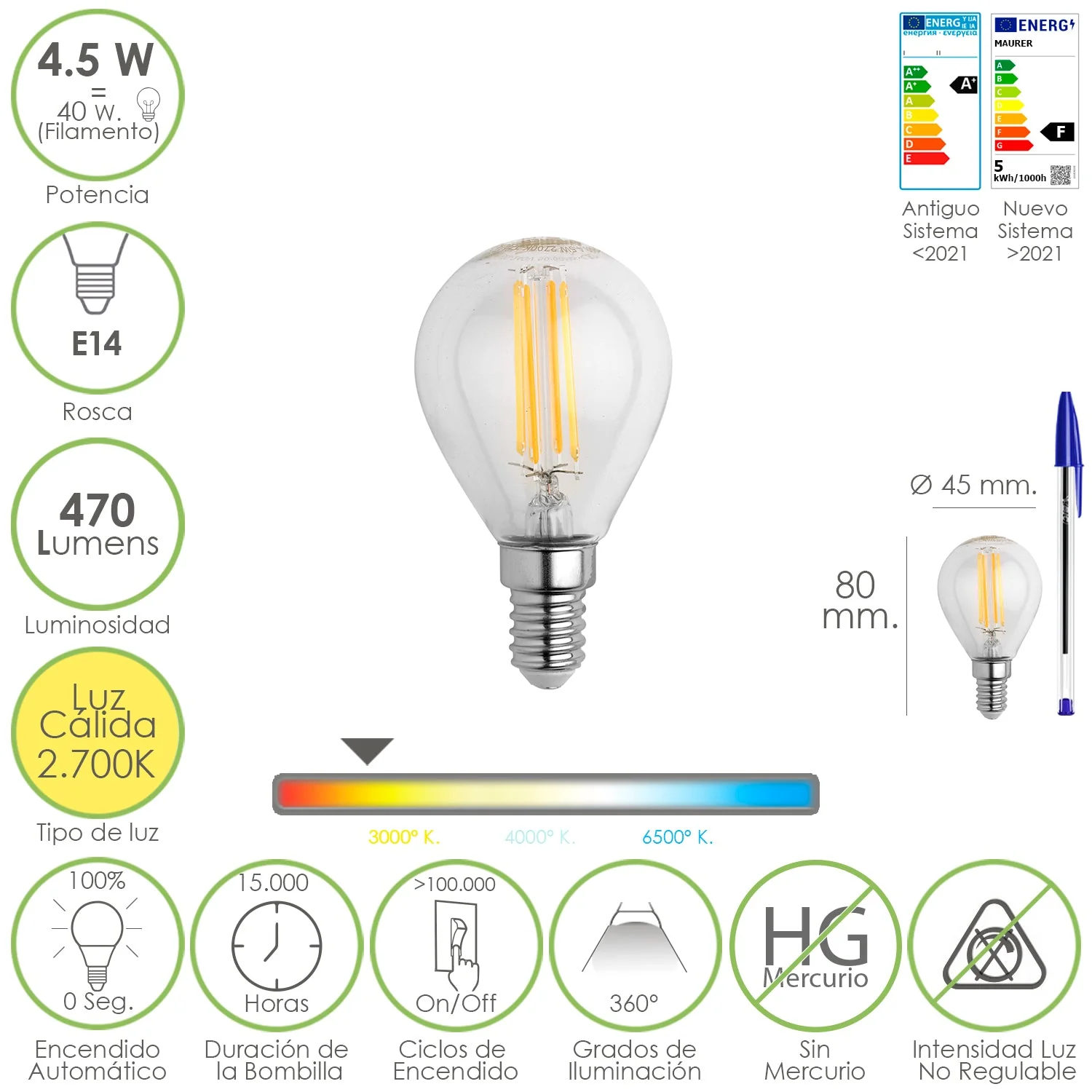 Bombilla LED filamento esfera E14 4,5 W 470 lm 2700 K